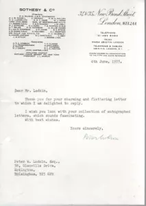 1973 Signed Peter Wilson CBE Auctioneer & Chairman of Sotheby's London Letter - Picture 1 of 1