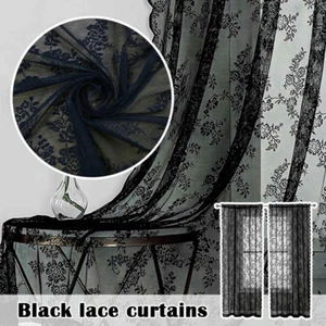 Cortina para ventana a prueba de polvo floral negra de encaje transparente suministros para el hogar - Imagen 1 de 13