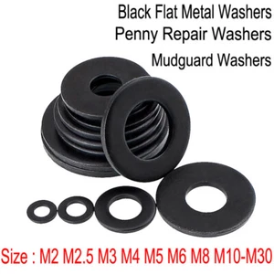 Black Flat Metal Washers Penny/Repair/Mudguard Washers For Bolts&Screws M2M3-M30 - Picture 1 of 8