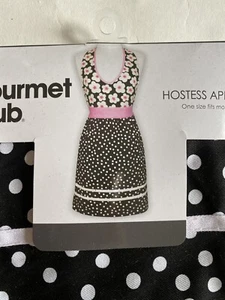 Neu!! Gourmet Club Hostess Schürze, schwarz gepunktet, Blumenmuster rosa Band, Einheitsgröße - Bild 1 von 7