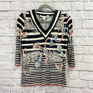 Sara Campbell Paisley Streifen Jersey V-Ausschnitt Top Gr. S 3/4 Ärmel schwarz elfenbein Neu mit Etikett - Bild 1 von 6