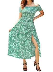 Green Boho Summer Dress Size Medium Floral Off Shoulder Split Midi Maxi - Picture 1 of 8