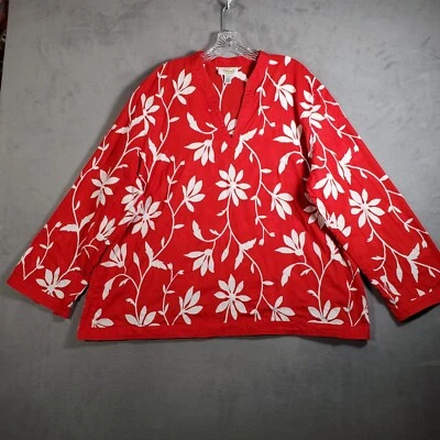 Talbots Top Womens Plus 24W Red White Floral Embroidered Cotton Long Sleeve Boho - Image 1 of 4