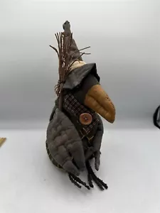 PRIMITIVE BLACK BIRD 10" CROW DOLL FOLK ART RAVEN DRESSED WITH HAT & BROON STICK - Picture 1 of 11