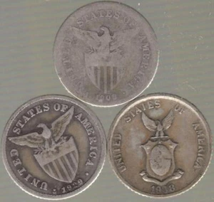 US-PHILIPPINES 20 centavos Silver Coin Set: 1908 S 1929 M and 1938 M - Picture 1 of 2