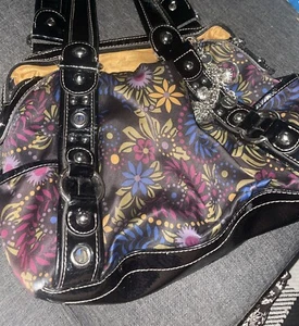 Kathy Van Zealand Purse Shoulder Handbag Black Floral With Key Clip - Picture 1 of 9