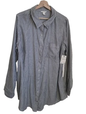 Caslon Mezcla Algodón Abotonado Gris y Blanco Rayas Camisa Mujer Talla 2X Foto 1 de 4