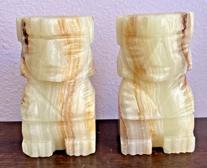 Set of 2 Carved Onyx Book Ends Marble Stone Mexican Tribal Aztec Statuettes - Picture 1 of 14