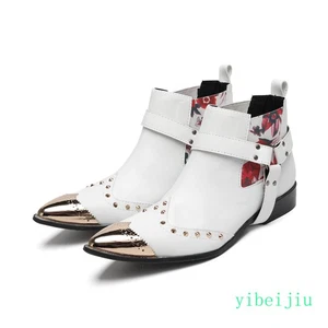 Mens Metal Toe Floral Ankle Boots Chukka Floral Leather Shoes Stage Show Studded - Picture 1 of 15