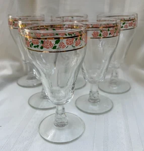 VINTAGE ~ "PINK ROSE" GOLD TRIM ~ FACETED STEM WATER GOBLET SET OF SIX ~ 6 1/4" - Picture 1 of 12