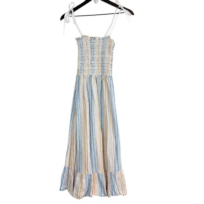 Reformation Marbella Stripe Shirred Blue Dress 100% Linen STRAPS ADDED - S - Image 1 of 4