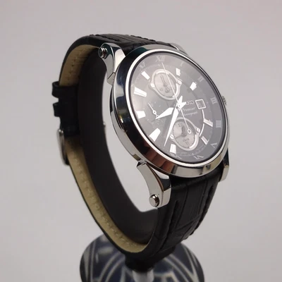 Seiko Premier Chronograph Watch 7T62-0FF0 Black Leather Strap Box Papers - Изображение 1 из 4