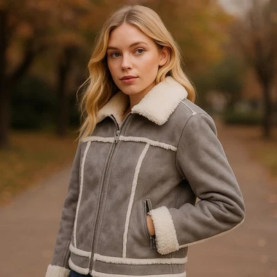 Gray Faux Shearling Sherpa Jacket Small | Cozy | Urban Chic | Western | Weekend - Image 1 of 4