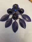 Vintage Blue Plastic Resin Large Brooch Pin 60s Movement Floral