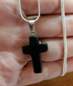 Collar colgante de plata esterlina 925 cruz de piedras preciosas de ónix 18" religión fe - Imagen 1 de 4