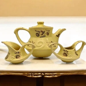 Gelbe Teekanne Sahne Zucker USA 22k Goldrand 40er Jahre Perle China seltenes Set - Bild 1 von 23