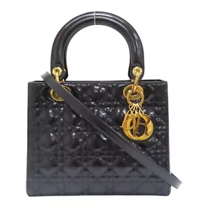 DIOR Cannage Lady Dior Shoulder Handbag Patent Leather Black Gold Metal - Picture 1 of 20