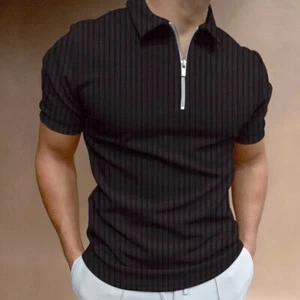Polo T Shirt Men Zipper Collar Fashion Off Black Pinstripe Striped Golf Zip Soft - Picture 1 of 1