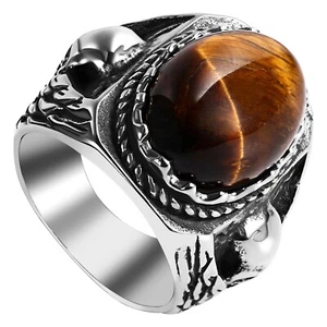 Punk Men Natural Tiger's Eye Gemstone Band Biker Skull Head Ring Band #7-13 Gift - Picture 1 of 7