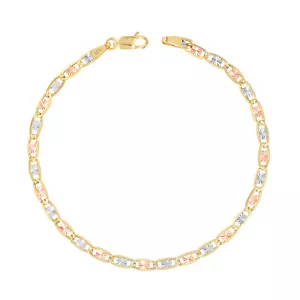 10K Solid Yellow Rose White Tri Gold 3mm Valentino Chain Womens Bracelet 7.5" - Picture 1 of 9