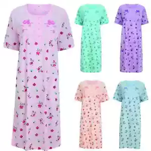 Nightdress Nightie Womens Cotton Blend Ladies Short Sleeve Button Floral Pattern - Picture 1 of 17