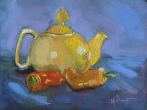 Teekanne Stillleben Ölgemälde, blau-gelbe Kunst, kleine Kunst von Carol Schiff - Bild 1 von 1