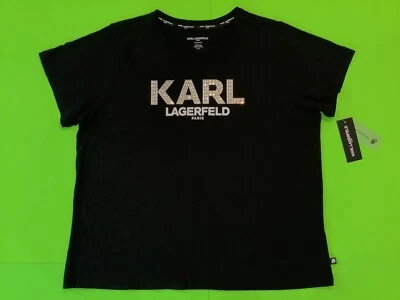 KARL LAGERFELD Women’s Short Sleeve T-Shirt Plus Size 1XL Black w/Silver, White - Image 1 of 4