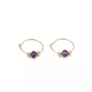 14k Yellow Gold Amethyst Charm 12 mm Hoop Earrings - Picture 1 of 4