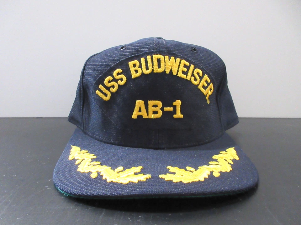 VINTAGE USS Budweiser Hat Cap Snap Back Blue Yellow AB-1  Military Ship Mens 90s - Image 1 of 4