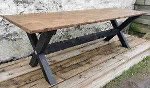 X base farmhouse dining table rustic reclaimed plank top 7 foot by 100cm