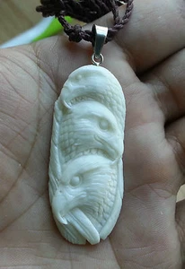 Eagles In Buffalo Bone Detail Carving Pendant w/ Sterling Silver Bale Necklace - Picture 1 of 4