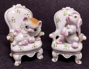 Vtg 1950s Kitten & Puppy Sitting On Chairs Handpainted Ceramic Porcelain Japan - Picture 1 of 10