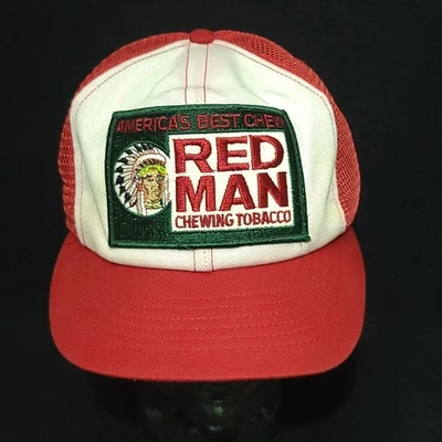 De Colección Hombre Rojo Masticar Tabaco Parche Grande Malla Snapback Camionero Sombrero Hecho en EE. UU. *LEER Foto 1 de 4