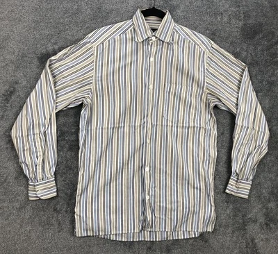 Camisa Ermenegildo Zegna Para Hombre Pequeña Azul Blanco Rayas Botón Delantero Manga Larga Foto 1 de 4