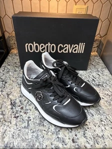 Mens Black Leather Roberto Cavalli Sneakers Size 45/12 Worn Once! Authentic - Picture 1 of 8