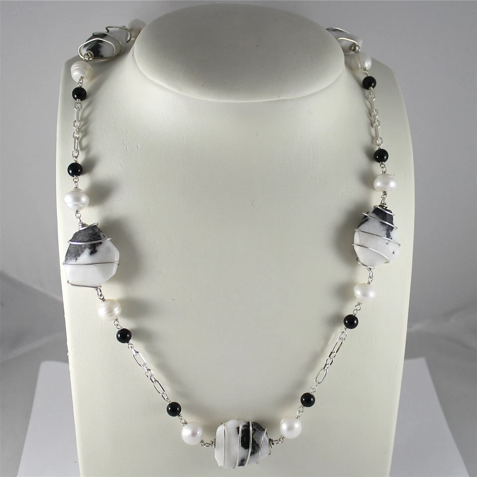 Collar de Plata 925 , Ónix Negro ,Perlas Blancas, Cuarzo de Manchas - Imagen 1 de 1