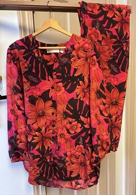 Traje Pantalones Boho Dana Buchman Vintage Años 90 Seda Talla 8 Rojo Negro Naranja Gris Usado en Excelente Condición Foto 1 de 4