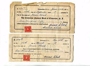 Par de Vintage Barros de Cheques CLEMENTON BANCO NACIONAL NJ 1922 sello documental - Imagen 1 de 2