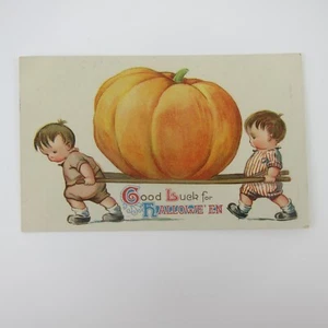 Antique Halloween Postcard Boys Carry Giant Pumpkin Gottschalk Gel Winsch Back - Picture 1 of 12