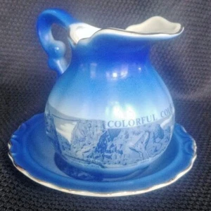 Cobalt Blue & White Porcelain Colorful Colorado Creamer Plate Chaser Pitcher - Picture 1 of 9