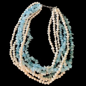 Ross & Simons Sterling Silver Multistrand Freshwater Pearl & Aquamarine Necklace - Picture 1 of 9