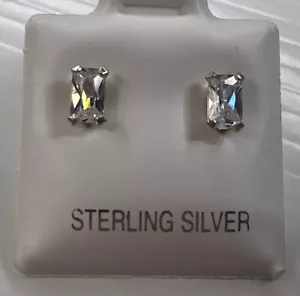 NEW L 925 Sterling Silver Earrings Baguettes Cubic Zirconia Solitaire Post Studs - Picture 1 of 10