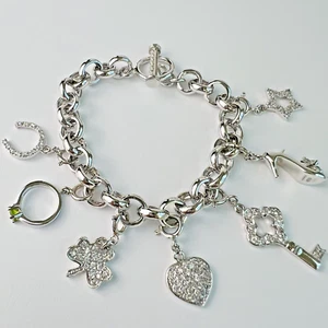 Sterling Silver CZ Charm Bracelet Key Heart Horseshoe Clover Star High Heel Ring - Picture 1 of 24