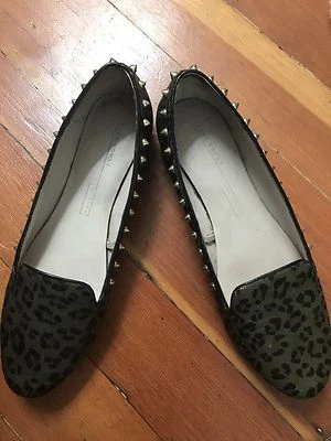 Zara ballet flats 40 9 smoking shoes animal print fur gold studs - Image 1 of 4