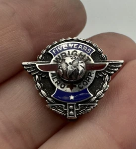 Vintage WRIGHT AERO CORP Pin BADGE 5 YEAR SERVICE 1930s WWII STERLING Aeronautic - Picture 1 of 5