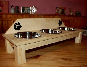 Futterstation, Hundebar Welpentheke Holz Natur 3 Näpfe a 400 ml erhöhte Rückwand - Bild 1 von 6