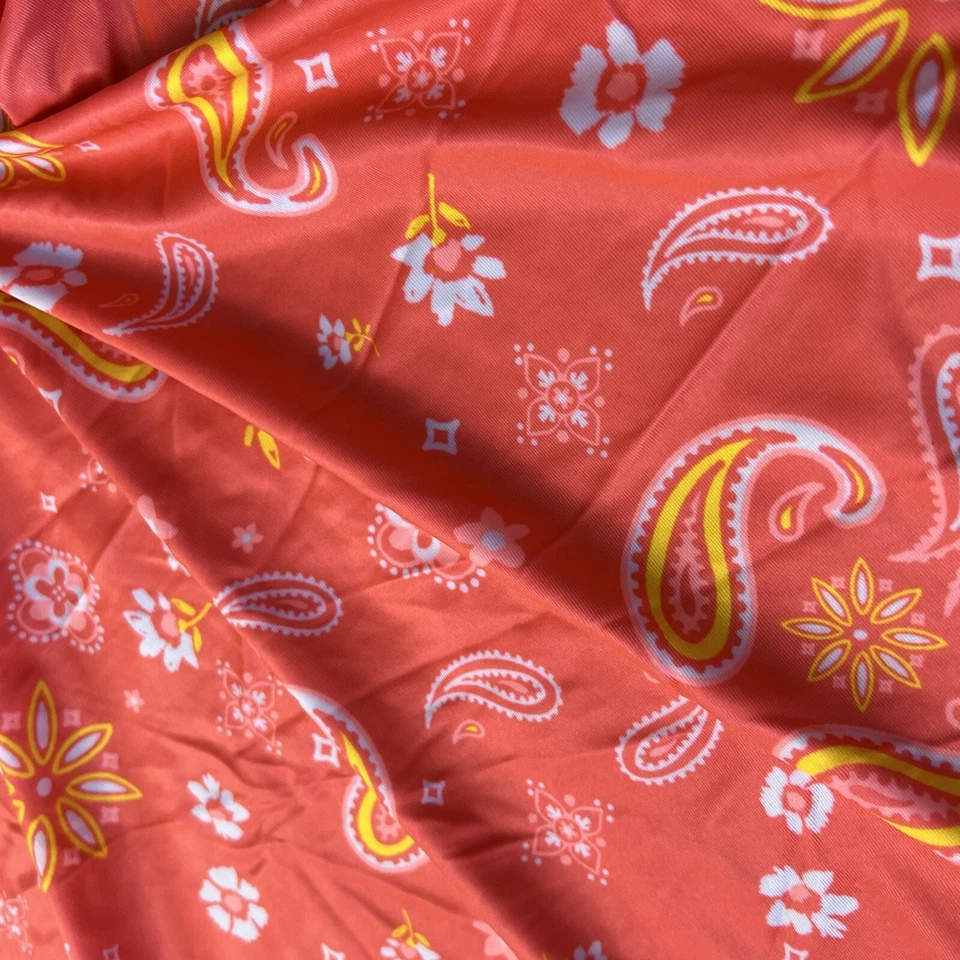 Tela de spandex de nailon con estampado naranja de cachemira y flores de diseño elástico de 4 vías Foto 1 de 4