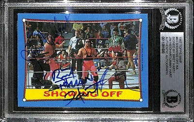 Jim Neidhart Bret Hart Jimmy Signed 1987 Topps WWF Rookie Card 63 BAS COA WWE RC - Image 1 of 4