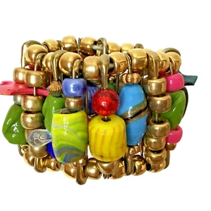 Vintage Fetish Pin Bracelet Beaded Gold-Tone Stretch Multicolor Charm Statement - Picture 1 of 7