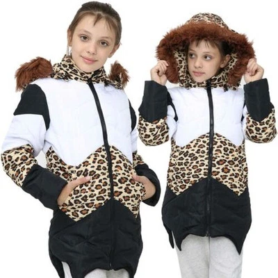Kids Hooded Contrast Panel Leopard Puffer Coat Faux Fur Jacket New Fashion Girls - Image 1 of 2